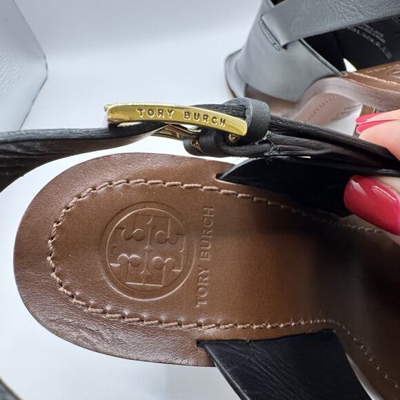 Tory Burch Bleeker Black Leather Slingback Gold Heels Sandals size 6.5 Designer - Picture 15 of 16